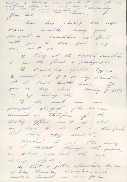 Letter from Don to Lee re plans for trip  to Finnland, Netherlands, Denmark, Norway, Sweden after they are married. Also on preperations for the wedding.